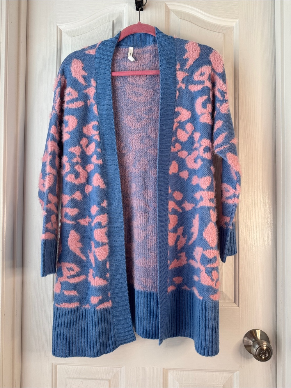 Women's Blue & Pink Leopard Open Cardigan Sweater (BB)
